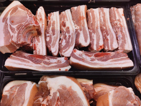 Raw pork ribs in a plastic box. close-up view.の写真素材