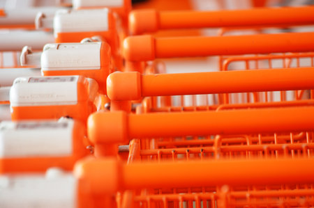 Shopping trolleys in supermarket. Shallow depth of fieldの写真素材