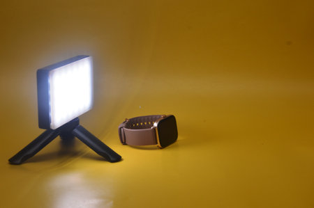 Smart watch with flash on a yellow background, closeup of photoの写真素材