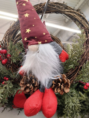 Christmas wreath with Santa Claus in the shopping mall.