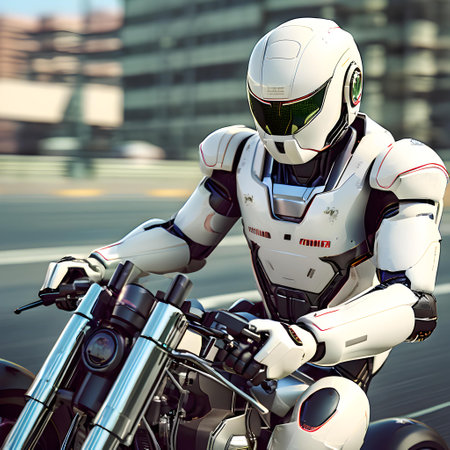 Robot riding a motorcycle on the road. 3D rendering.の素材