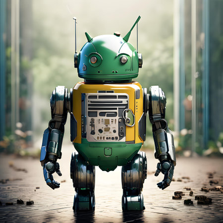 3D rendering of an old robot standing on the road in the cityの素材