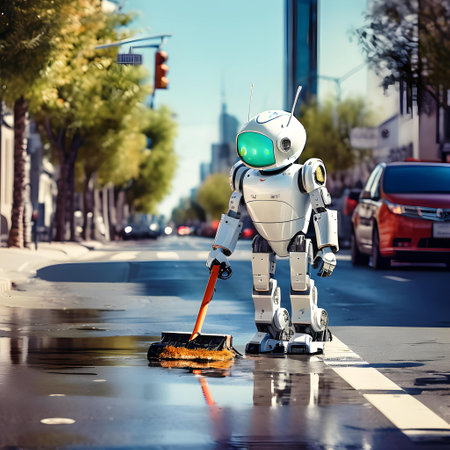 Robot cleaning the street with a brush. 3d rendering.の素材