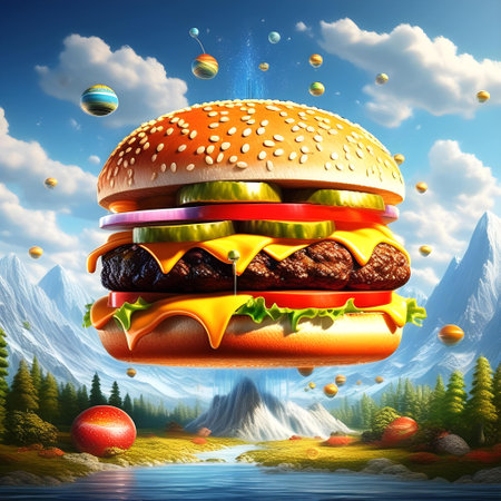 Hamburger with flying ingredients in the sky. 3D renderingの素材