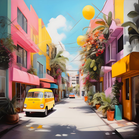 Street with colorful buildings and yellow minivan in the background, 3d illustrationの素材