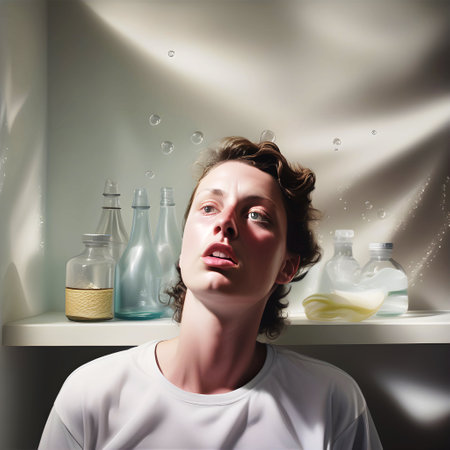 Portrait of a young woman with many bottles on the shelf.の素材