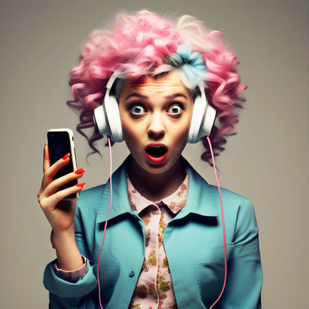 Surprised young woman with pink hair and headphones listening to musicの素材