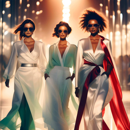 Fashion shot of three stylish African American women in white dresses and sunglasses.の素材