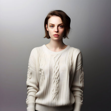 Portrait of beautiful young woman in white sweater. Studio shot.の素材