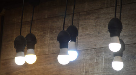light bulbs hanging on a wooden wall with copy space, vintage style