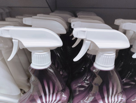 Plastic bottles for cleaning and disinfection of the house in the store