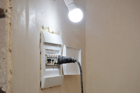 Electric plug and socket in the wall, closeup of photo.の写真素材