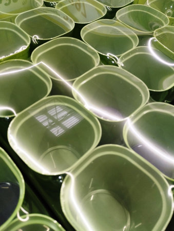 Green plastic tableware in a market, close-up of photoの写真素材