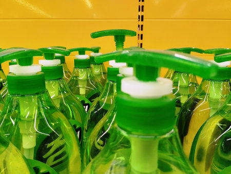Plastic bottles with liquid soap on shelf in supermarket, closeupの写真素材
