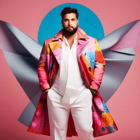 Handsome young man in colorful jacket and white pants. Studio fashion portrait.の素材