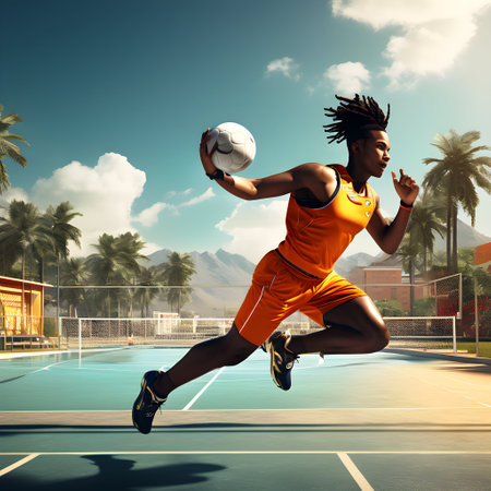 African american football player jumping with ball on outdoor court at sunsetの素材