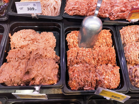 Mince meat in a grocery store, closeup of photo.の写真素材