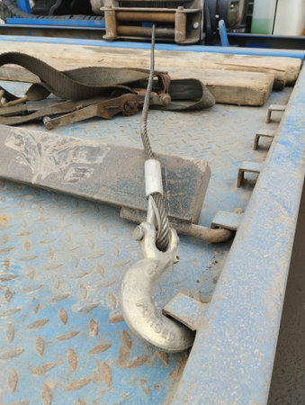Crane hook and chain in a fishing boat, closeup of photoの写真素材