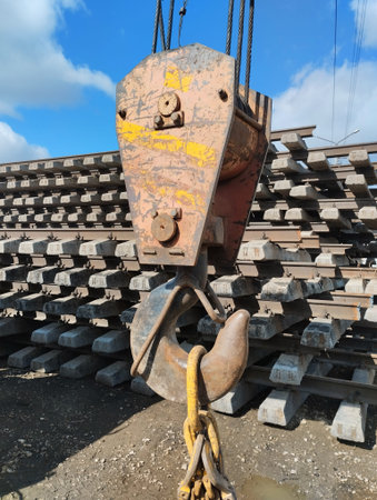 Crane hook at a construction site against blue sky with white cloudsの写真素材