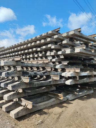 Pile of concrete slabs on a construction site with blue skyの写真素材