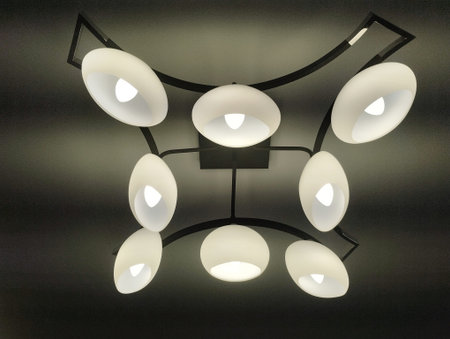 Modern ceiling lamp with black and white lamps on a black background.