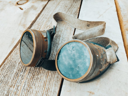 Vintage binoculars on a wooden background. Selective focus.