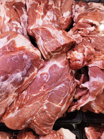 Raw pork meat for sale at a butcher shop. Close up.の写真素材