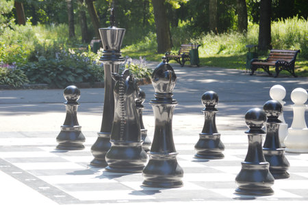Black chess pieces on a chessboard in the park, close-upの写真素材