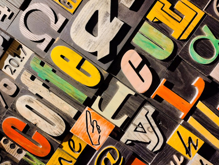 letters of the english alphabet created with wood type printing blocks, close up