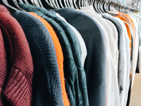 clothing on hangers in a store or in a shopping mallの写真素材