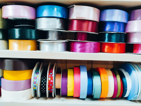Colorful ribbons on shelf in shop - Vintage Light Filter effectの写真素材