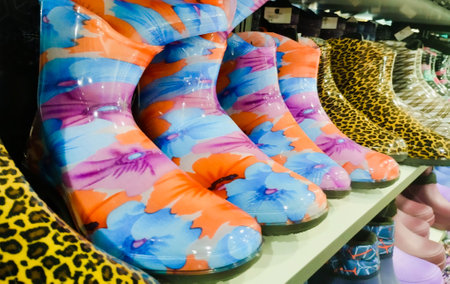 Colorful rubber boots on display in a shop window, stock photoの写真素材