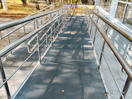 Stainless steel handrails in the park, close upの写真素材