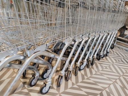 Empty shopping carts in a supermarket, close-up of a rowの写真素材