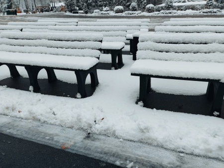 Benches covered with snow in the city park. Winter landscape.