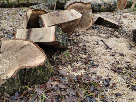 Logs stacked on top of each other in a pile of dry leaves