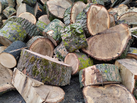 Woodpile of chopped firewood prepared for winter, selective focusの写真素材