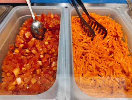 Close up of a plate of chopped carrots in a market stall.の写真素材