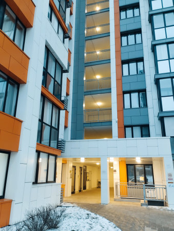 Modern apartment buildings at night. Facade of a modern apartment buildingの写真素材