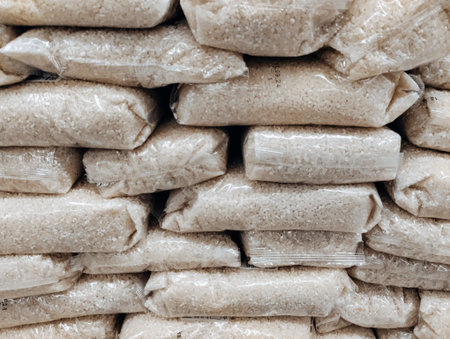 Close up of rice cakes in plastic bags. Selective focus. Toned.