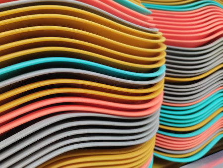 Colorful background made of curved sheets of paper, close-upの写真素材
