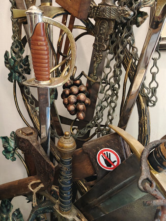 Antique weapons in a flea market, closeup of photo