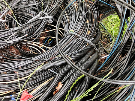Pile of electrical cables in a waste recycling center, closeup of photo