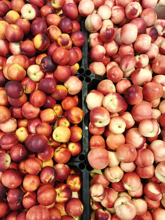 Fresh nectarines in boxes at farmers market, closeup of photoの写真素材