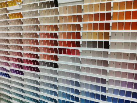 Colored samples of paint in the shop window, close-upの写真素材