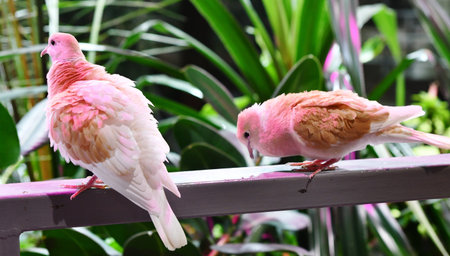 pink and white pigeons sit on the railing in the gardenの写真素材