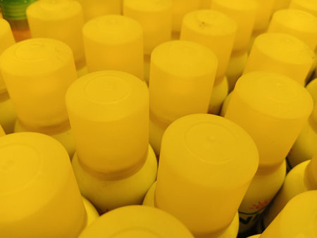 closeup of photo, yellow plastic caps in a factory, north china