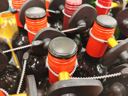 Close-up of red and black fishing reel for catching fish.の写真素材
