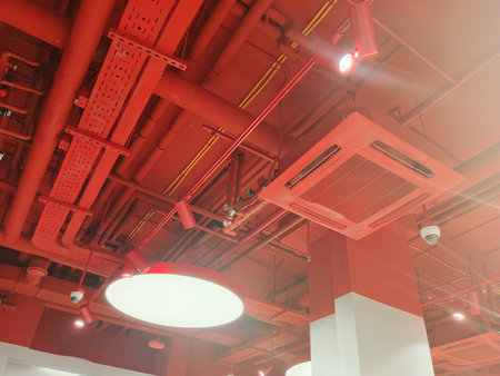 Red ceiling of a modern office building illuminated by lamps and beams.の写真素材