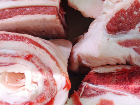 Raw pork ribs with marinade in a pan, close upの写真素材